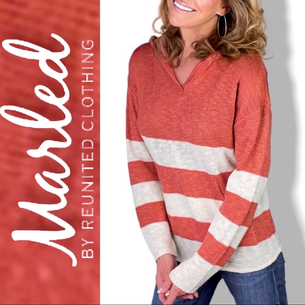Marled by Reunited Clothing Striped Coral/Off White Hooded Sweater NWOT Small